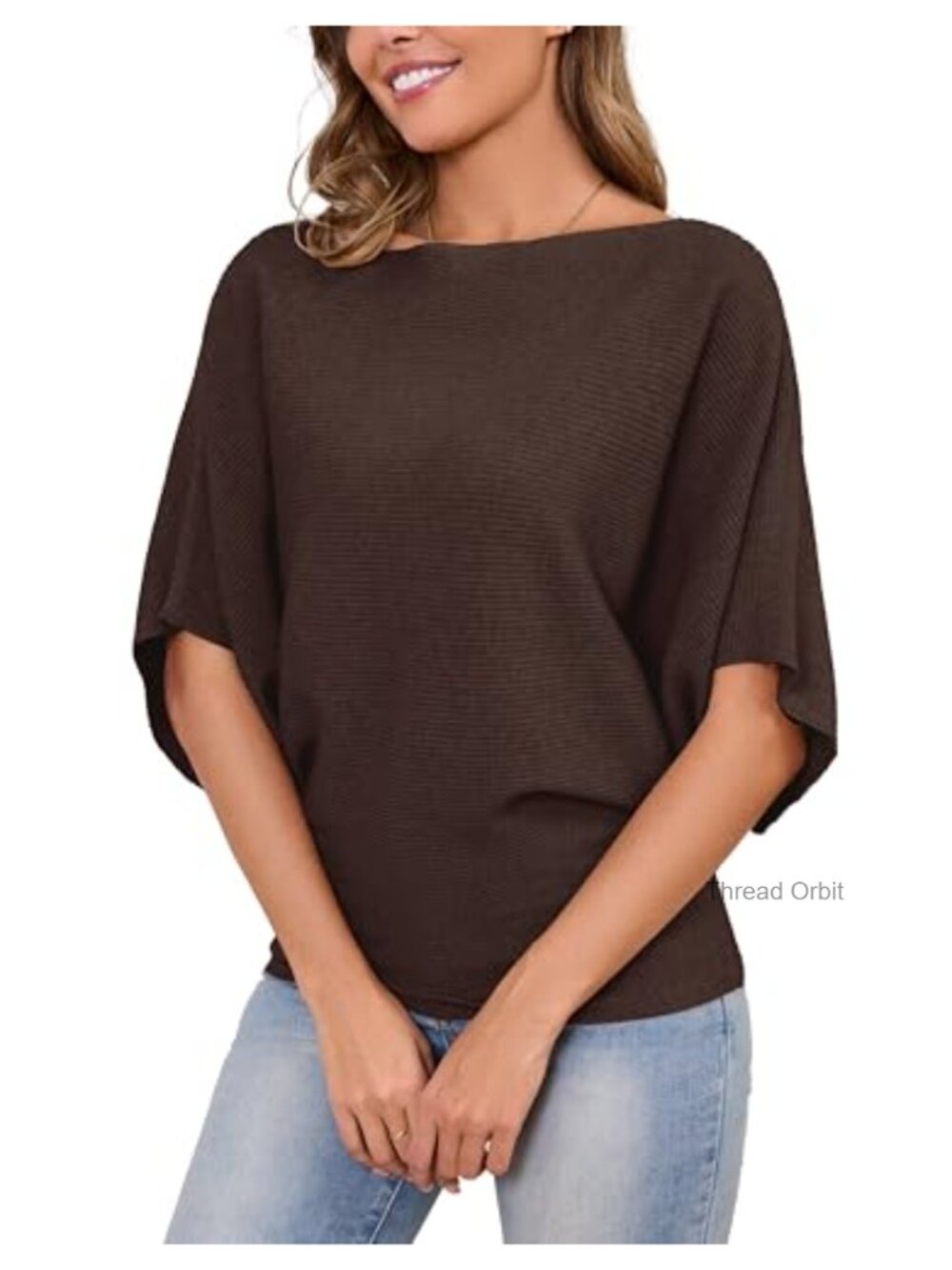 Women's Batwing Sleeve Knitted Dolman Pullover Sweater / Boat Neck Top